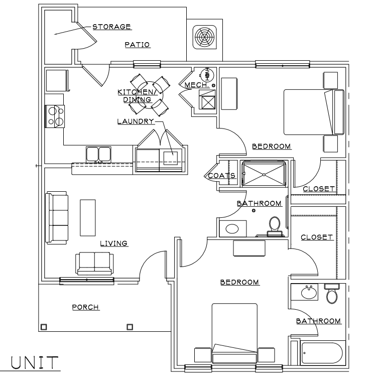 Floor plan for 2 beds, 2 baths, 973 sqft